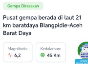 Gempa Magnitudo 6,2 Terjang Aceh Barat Daya