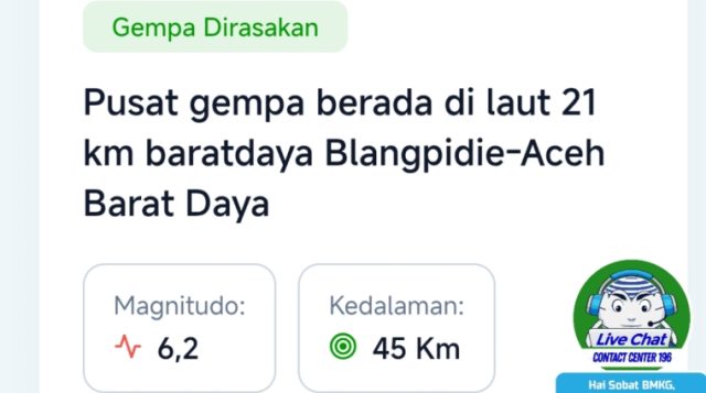 Gempa M 6,2 Guncang Aceh Barat Daya, BMKG: Hati-hati Susulan