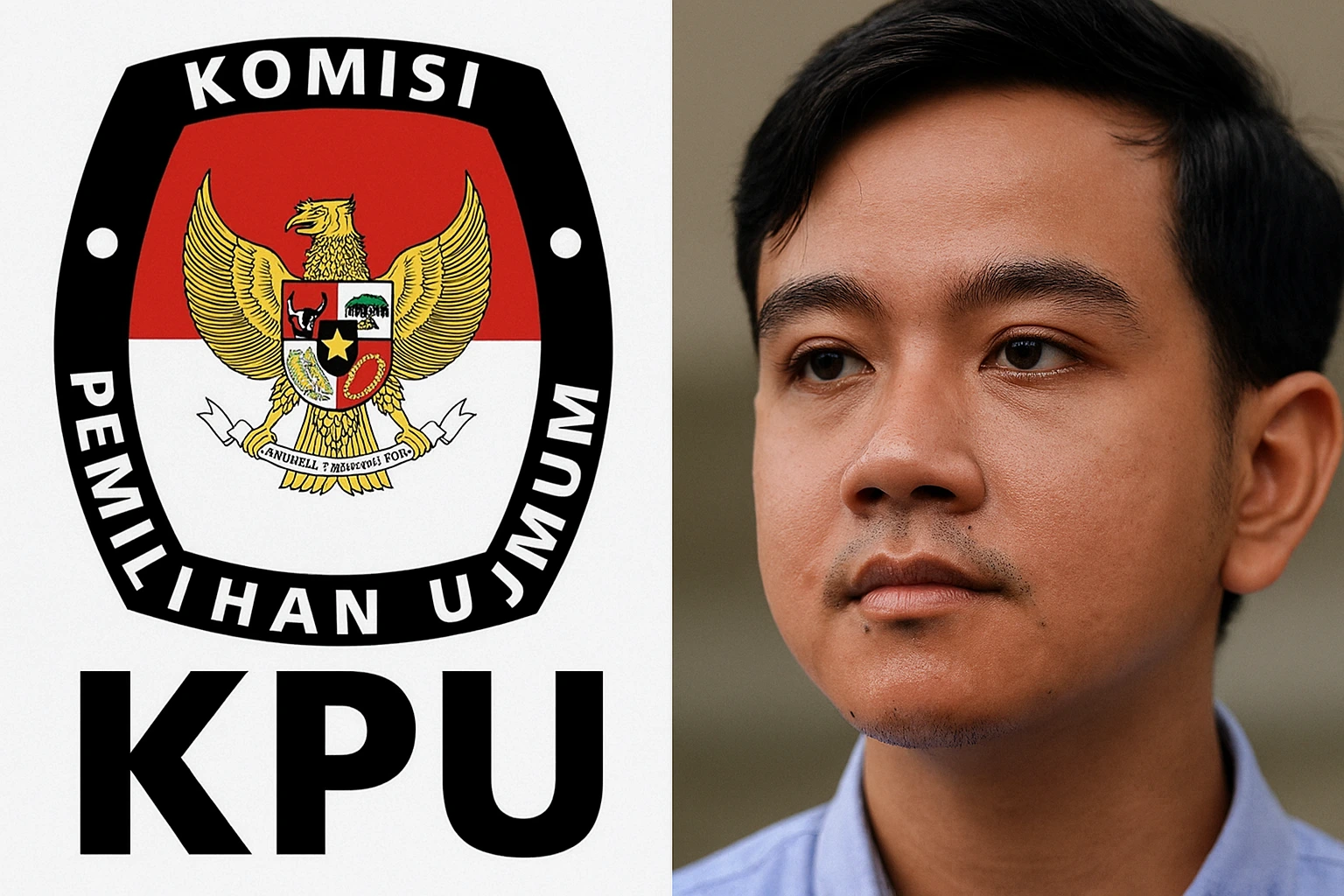Kolase visual yang menampilkan logo Komisi Pemilihan Umum (KPU) dan wajah Gibran Rakabuming Raka, merepresentasikan keterkaitan antara institusi pemilu dan figur publik dalam lanskap politik Indonesia.