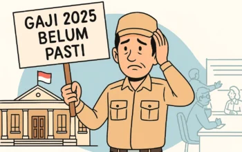 Kenaikan Gaji ASN 2025 Belum Pasti, Istana: Tunggu Pembahasan Teknis 7 Seorang ASN berdiri di depan gedung pemerintahan sambil memegang papan bertuliskan “Gaji 2025 Belum Pasti”, menggambarkan ketidakpastian nasib kenaikan gaji aparatur sipil negara di tengah belum jelasnya pembahasan teknis lintas kementerian. Ilustrasi ini mencerminkan keresahan pegawai negeri di berbagai daerah, termasuk Sulawesi Utara, yang menanti kejelasan kebijakan dari pusat.