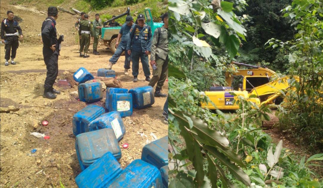 Tim Gakkum Diserang Usai Tertibkan Tambang Ilegal di Bolmong, Satu Anggota Luka 1 Petugas gabungan dari Tim Gakkum dan KPH Bolmong–Bolmut mengamankan barang bukti berupa puluhan jeriken solar dan satu unit excavator yang disembunyikan di kawasan Hutan Produksi Onggak Mongondow, Bolmong, Sulawesi Utara. Operasi ini merupakan bagian dari penertiban tambang emas ilegal yang diduga dikelola tanpa izin oleh warga setempat. Foto: Dokumentasi KPH Bolmong–Bolmut, 15 Oktober 2025.