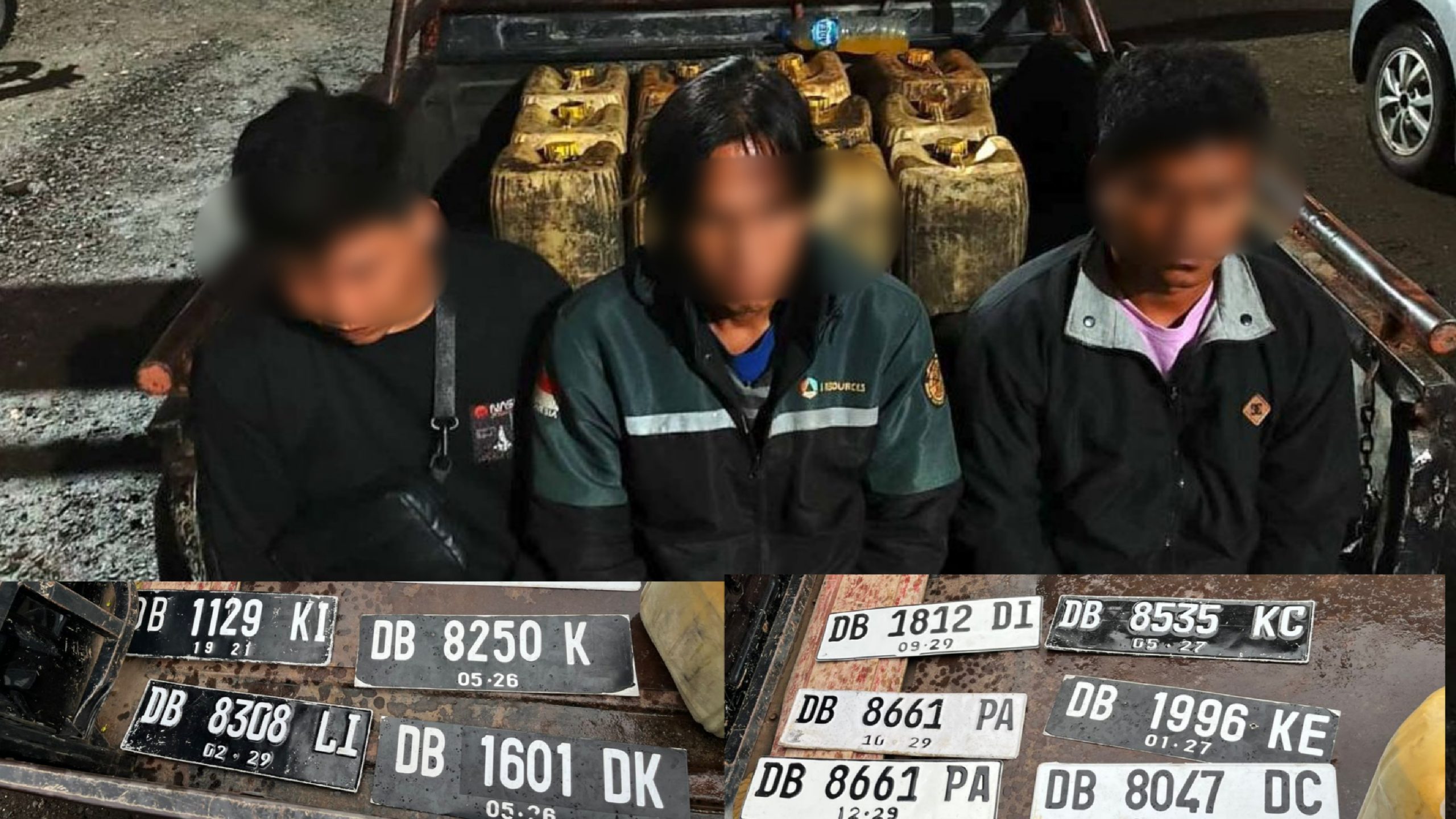  Tertangkap Saat Menimbun BBM Bersubsidi: Tiga pria duduk di bak belakang mobil pickup yang penuh dengan jeriken berisi BBM jenis Solar. Mereka diamankan oleh Polres Kotamobagu dalam operasi penindakan penimbunan BBM bersubsidi di Kelurahan Tumobui, Selasa (7/10/2025).