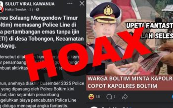 Kolase unggahan di media sosial yang menyebarkan isu imbalan pembukaan police line tambang rakyat Tobongon, Kecamatan Modayag, Boltim. Kapolres Boltim AKBP Golfried Hasiholan Pakpahan menegaskan informasi tersebut adalah hoaks dan murni pembukaan garis polisi dilakukan demi kepentingan kemanusiaan. Foto: Facebook