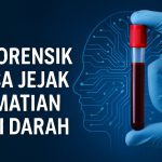 Ilustrasi forensik modern: seorang peneliti memegang tabung sampel darah dengan latar belakang layar komputer menampilkan grafik AI. Warna dominan biru-putih dengan aksen merah pada sampel darah, menggambarkan perpaduan teknologi dan investigasi kriminal.