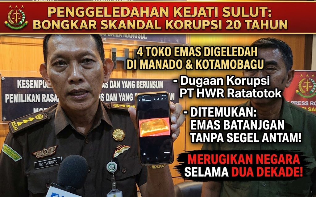 Asisten Intelijen Kejati Sulut, Ery Yudianto, menunjukkan bukti emas batangan tanpa segel resmi PT Antam dalam konferensi pers terkait dugaan korupsi pengelolaan tambang emas PT HWR Ratatotok