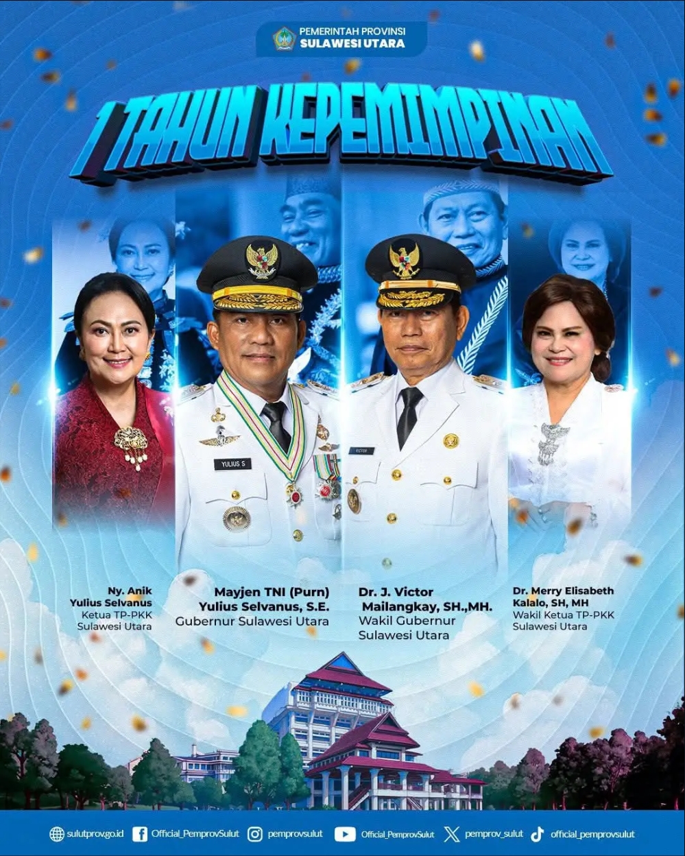 Gubernur Sulut Mayjen TNI (Purn) Yulius Selvanus bersama Wakil Gubernur Dr. J. Victor Mailangkay dan jajaran TP-PKK memperingati satu tahun kepemimpinan. Pemerintah Provinsi Sulawesi Utara menegaskan komitmen membangun daerah melalui program kesejahteraan, penguatan ekonomi, penanganan bencana, serta kerja sama internasional.  