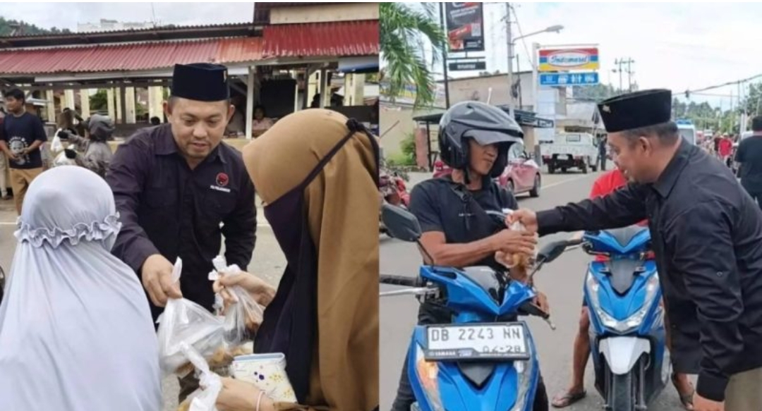 Anggota DPRD Boltim, Rahman Salehe (tengah), mengenakan peci hitam, menyerahkan paket takjil kepada seorang wanita berhijab di Kecamatan Kotabunan, Sabtu (14/3/2026). Aksi sosial yang dipimpinnya bersama DPC PDI Perjuangan Boltim ini membagikan 1.500 paket takjil gratis kepada warga sebagai bentuk kepedulian di bulan Ramadan. (Foto: Dok. Istimewa)