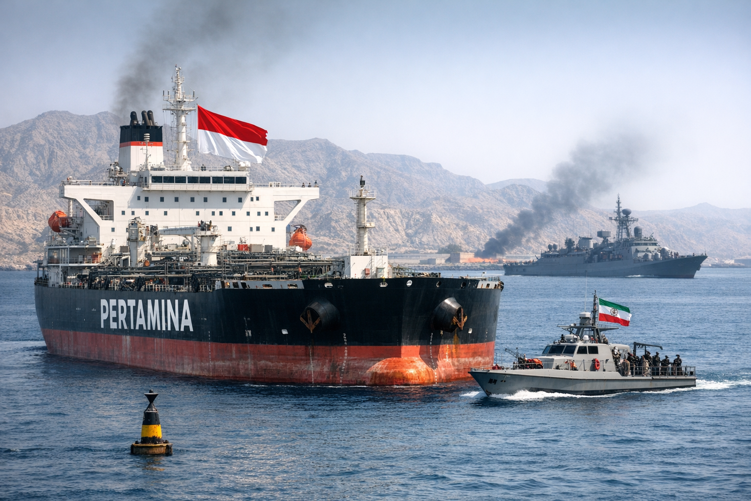Kapal tanker milik Pertamina tertahan di perairan Selat Hormuz, Iran, di tengah ketegangan geopolitik kawasan. Di sisi kanan, kapal patroli militer Iran mendekat untuk melakukan pemeriksaan. Pemerintah Indonesia masih melakukan negosiasi agar kapal dapat melanjutkan pelayaran. (Foto ilustrasi: Sulutplus.news)