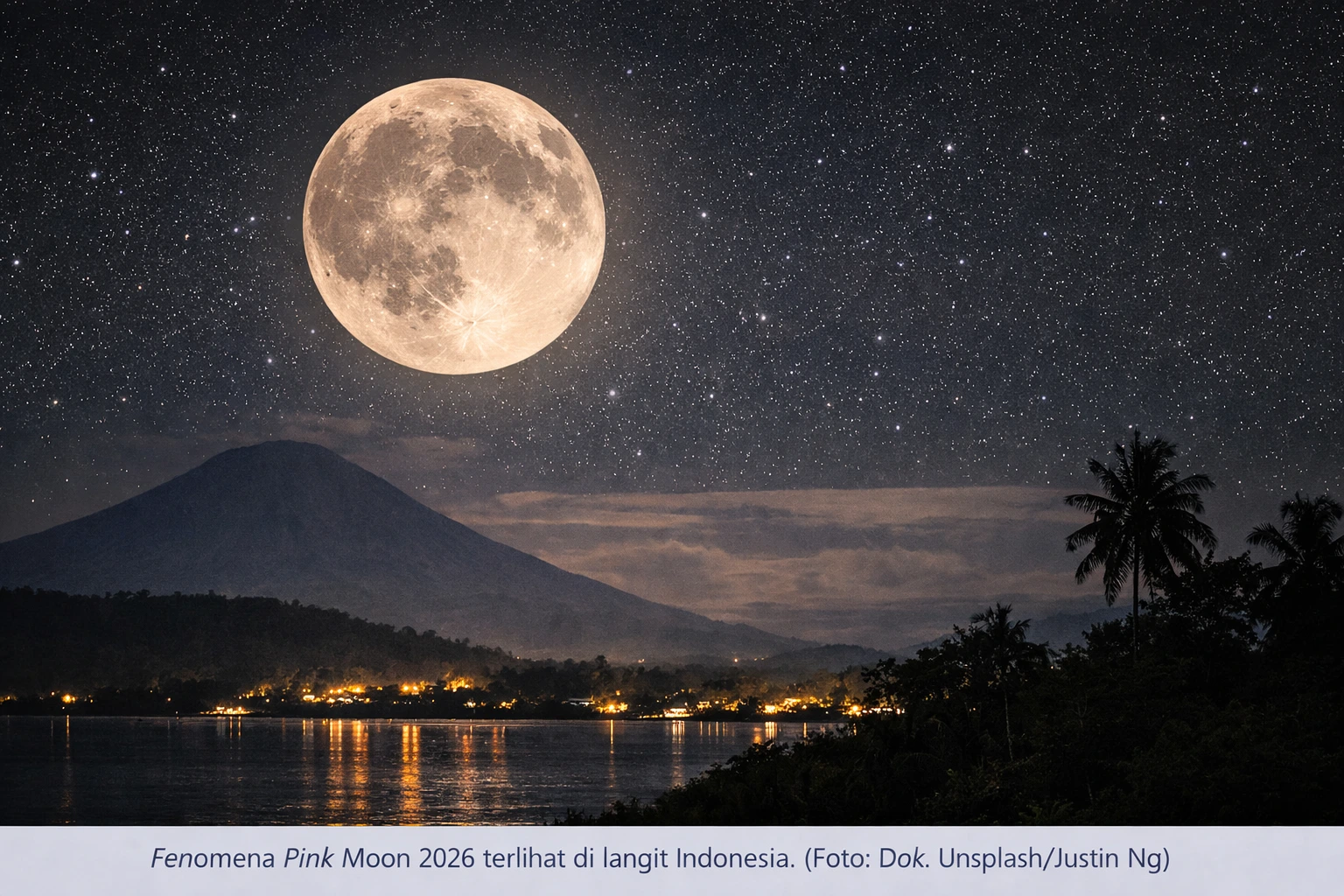 Fenomena Pink Moon 2026 terlihat di langit Indonesia. Bulan purnama bersinar terang di atas lanskap gunung dan danau, memantulkan cahaya ke perairan tenang dengan siluet pepohonan tropis. (Foto: Dok. Unsplash/Justin Ng)