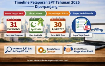 Infografik timeline pelaporan SPT Tahunan 2026 yang diperpanjang hingga 30 April. Menampilkan tahapan mulai dari tenggat awal 31 Maret, libur Lebaran, perpanjangan waktu, hingga relaksasi tanpa sanksi denda. Latar belakang menampilkan siluet kota Jakarta dengan laptop bertuliskan e-Filing.