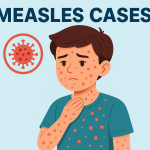 Ilustrasi seorang anak laki-laki dengan ruam merah di wajah, leher, dan lengan sebagai gejala khas campak. Teks “Measles Cases” dan simbol virus merah menyoroti urgensi isu kesehatan ini.