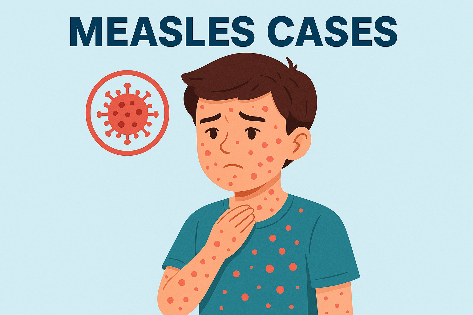 Ilustrasi seorang anak laki-laki dengan ruam merah di wajah, leher, dan lengan sebagai gejala khas campak. Teks “Measles Cases” dan simbol virus merah menyoroti urgensi isu kesehatan ini.