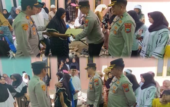 Kapolres Boltim, AKBP Golfrie Hasiholan bersama jajaran menyerahkan bantuan dan memberikan dukungan moral kepada keluarga korban KDRT di Desa Buyat I, Kotabunan, Senin (13/04/2026).