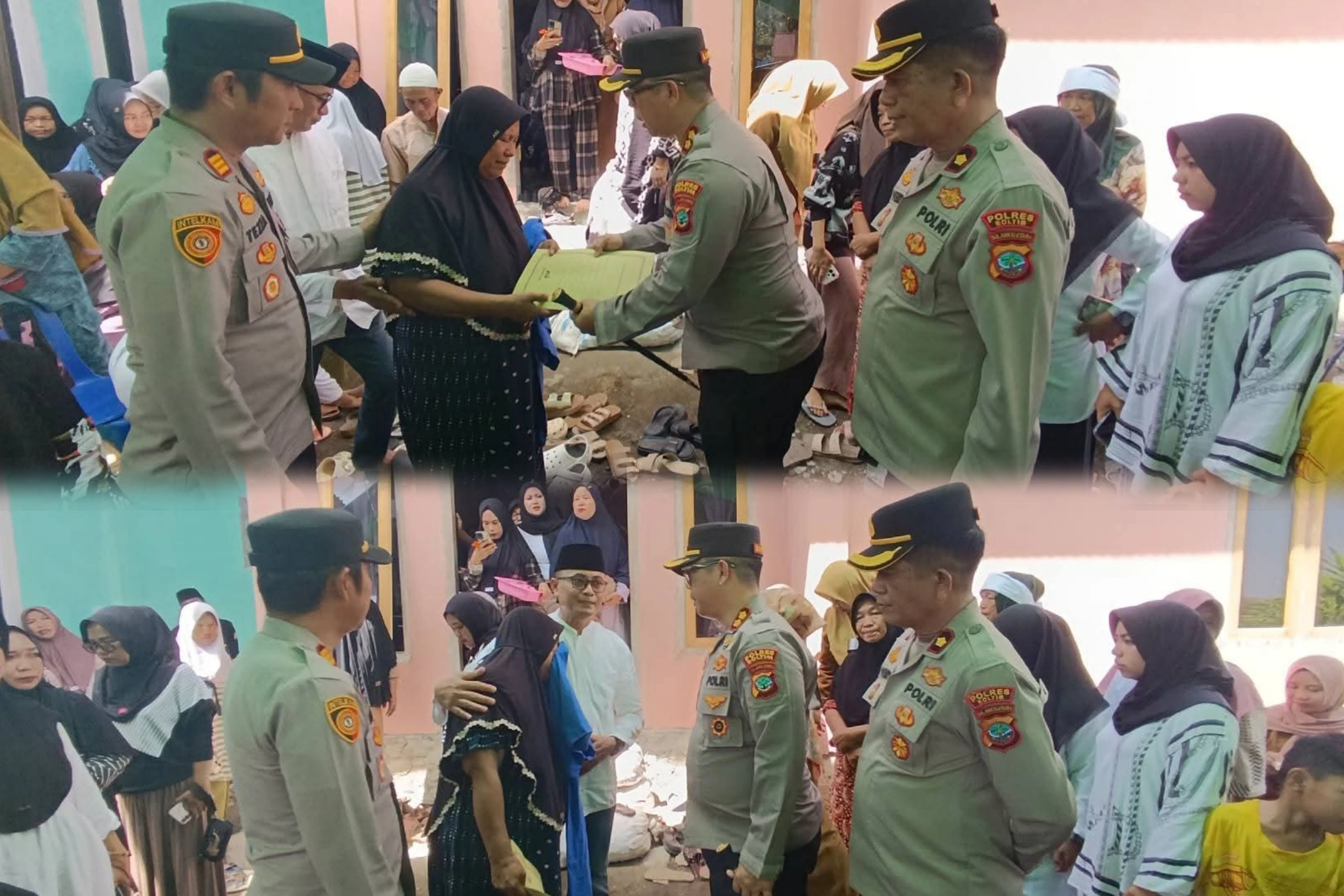 Kapolres Boltim, AKBP Golfrie Hasiholan bersama jajaran menyerahkan bantuan dan memberikan dukungan moral kepada keluarga korban KDRT di Desa Buyat I, Kotabunan, Senin (13/04/2026).
