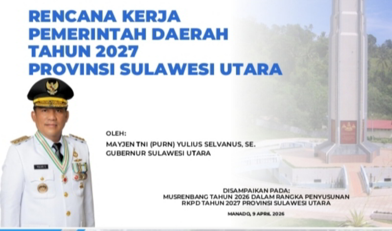 Gubernur Sulawesi Utara Yulius Selvanus memaparkan Rencana Kerja Pembangunan Daerah (RKPD) Tahun 2027 dalam Musrenbang Provinsi Sulut yang digelar di Aula Mapalus, Kantor Gubernur, Kamis (9/4/2026).