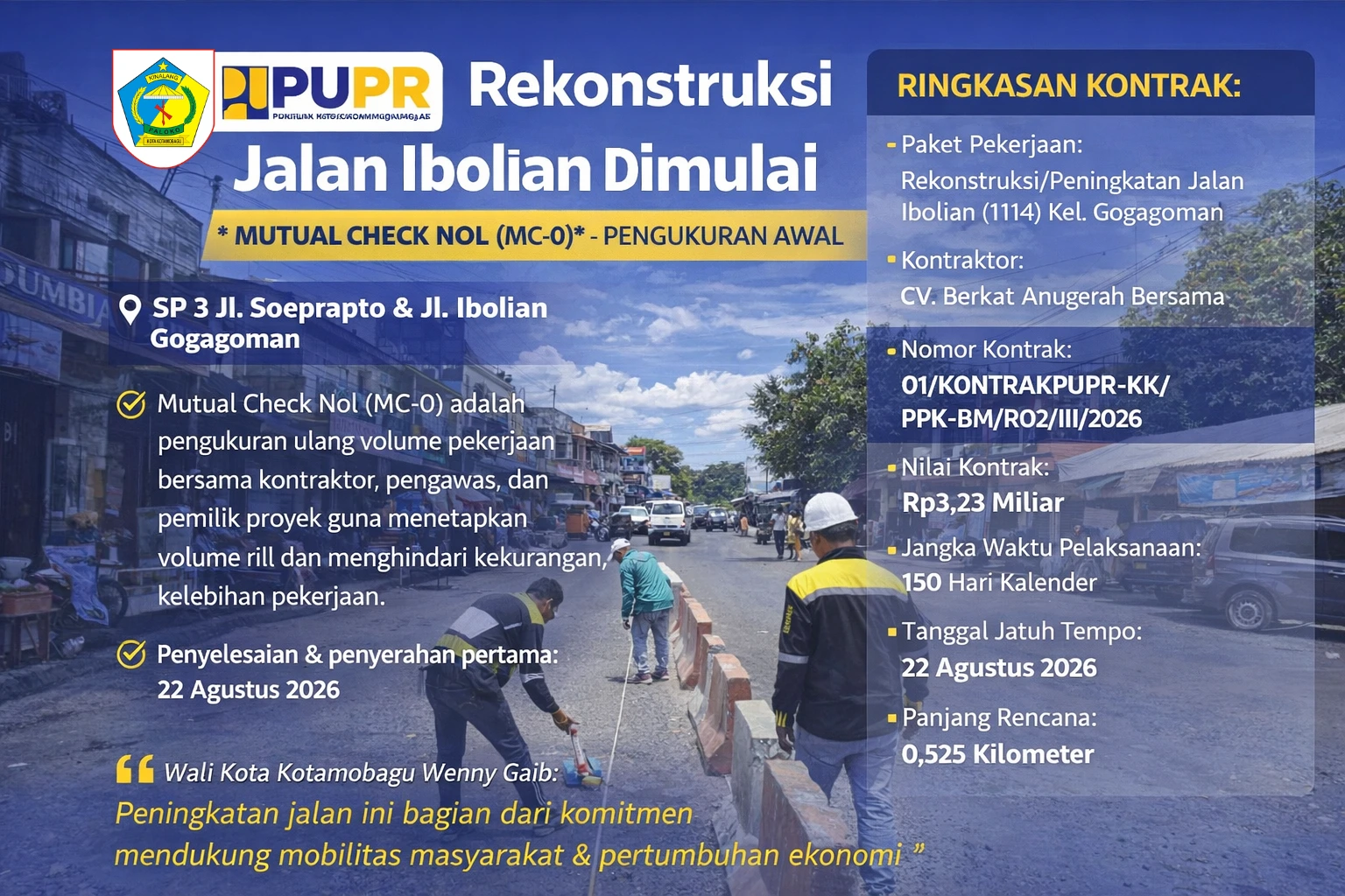 Petugas PUPR bersama kontraktor melakukan pengukuran awal (Mutual Check Nol) sebagai tahap lanjutan sebelum pekerjaan fisik rekonstruksi Jalan Ibolian dimulai.