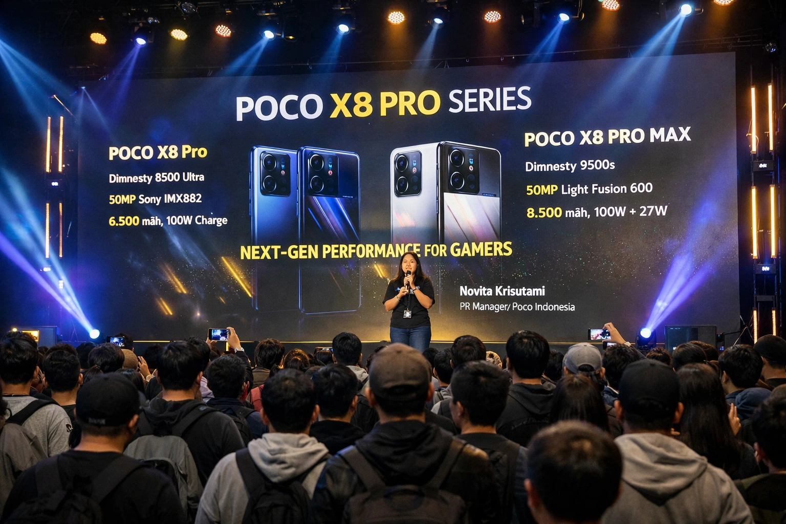 Novita Krisutami, PR Manager Poco Indonesia, memaparkan keunggulan Poco X8 Pro Series dalam acara peluncuran di Jakarta, Kamis (2/4/2026).