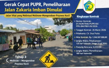 Petugas Dinas PUPR Kotamobagu bersama penyedia jasa melakukan pengukuran awal di Jalan Zakaria Imban, menandai dimulainya pemeliharaan berkala tahap 3.