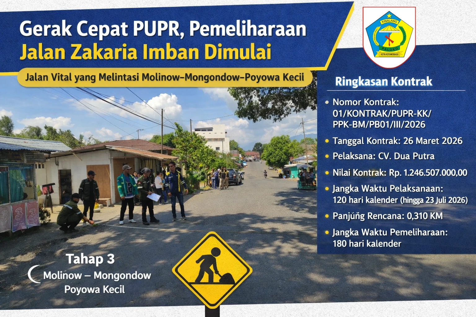 Petugas Dinas PUPR Kotamobagu bersama penyedia jasa melakukan pengukuran awal di Jalan Zakaria Imban, menandai dimulainya pemeliharaan berkala tahap 3.