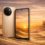 Dua unit Tecno Camon 40 Pro 5G tampil elegan di atas hamparan pasir gurun saat matahari terbenam. Varian warna Sandy Titanium memancarkan kilau keemasan yang terinspirasi dari cahaya hangat gurun, menegaskan kesan premium dan kekuatan desain.
