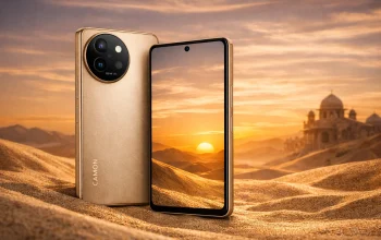 Dua unit Tecno Camon 40 Pro 5G tampil elegan di atas hamparan pasir gurun saat matahari terbenam. Varian warna Sandy Titanium memancarkan kilau keemasan yang terinspirasi dari cahaya hangat gurun, menegaskan kesan premium dan kekuatan desain.