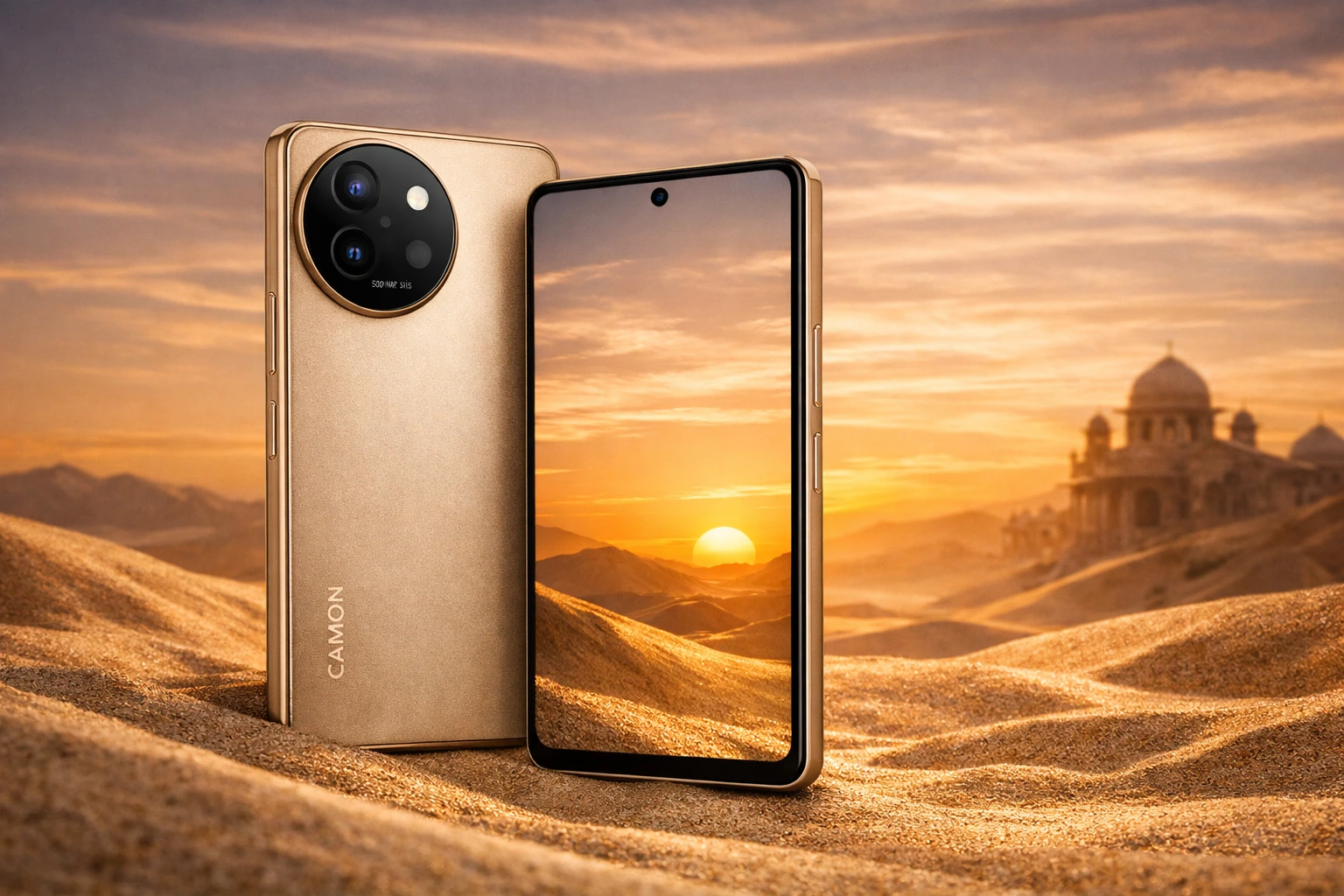 Dua unit Tecno Camon 40 Pro 5G tampil elegan di atas hamparan pasir gurun saat matahari terbenam. Varian warna Sandy Titanium memancarkan kilau keemasan yang terinspirasi dari cahaya hangat gurun, menegaskan kesan premium dan kekuatan desain.