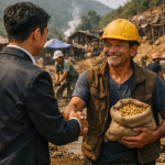 Ilustrasi: Seorang pengusaha muda berjabat tangan dengan penambang emas tradisional di Bolaang Mongondow Raya, Sulawesi Utara.