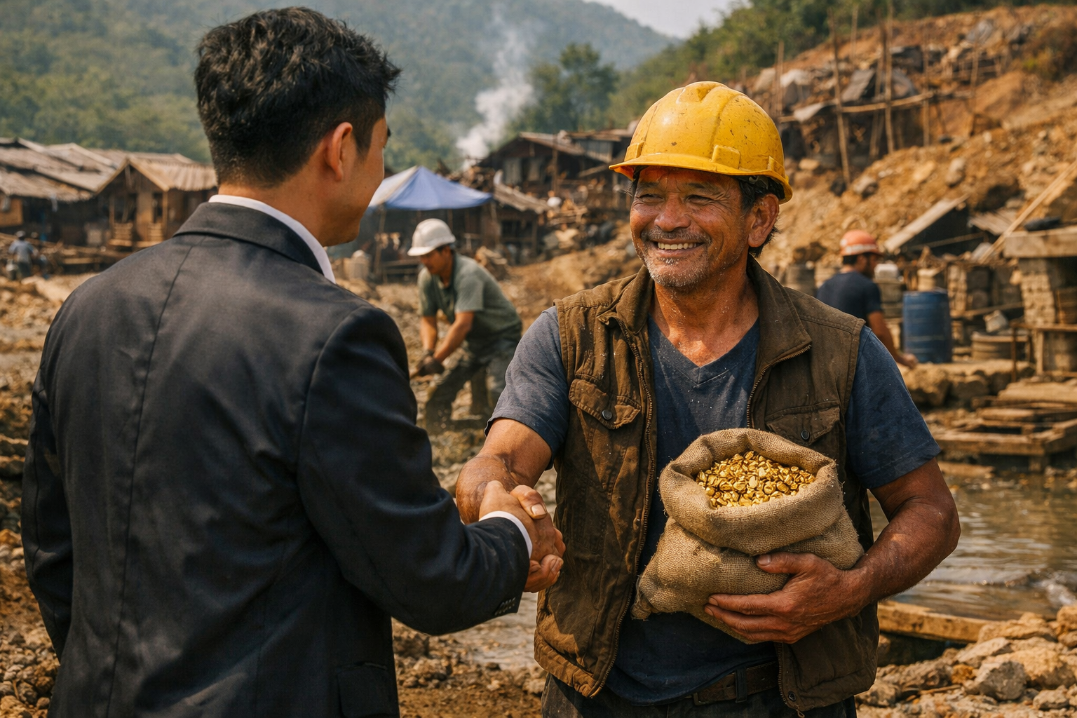 Ilustrasi: Seorang pengusaha muda berjabat tangan dengan penambang emas tradisional di Bolaang Mongondow Raya, Sulawesi Utara.