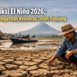 Ilustrasi: Seorang petani di Sulawesi Utara memeriksa tanah yang mulai retak akibat kekeringan, mencerminkan potensi dampak fenomena El Niño 2026 yang diprediksi BMKG akan membuat musim kemarau lebih panjang dan kering dibandingkan rata-rata normal.