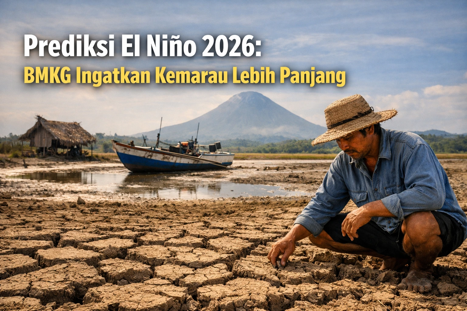 Ilustrasi: Seorang petani di Sulawesi Utara memeriksa tanah yang mulai retak akibat kekeringan, mencerminkan potensi dampak fenomena El Niño 2026 yang diprediksi BMKG akan membuat musim kemarau lebih panjang dan kering dibandingkan rata-rata normal.