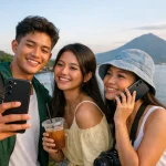 Tiga sahabat di Manado menikmati momen sore sambil berfoto dengan Galaxy A57 5G. Desain tipis dan fitur AI cerdas mendukung gaya hidup generasi social-first.