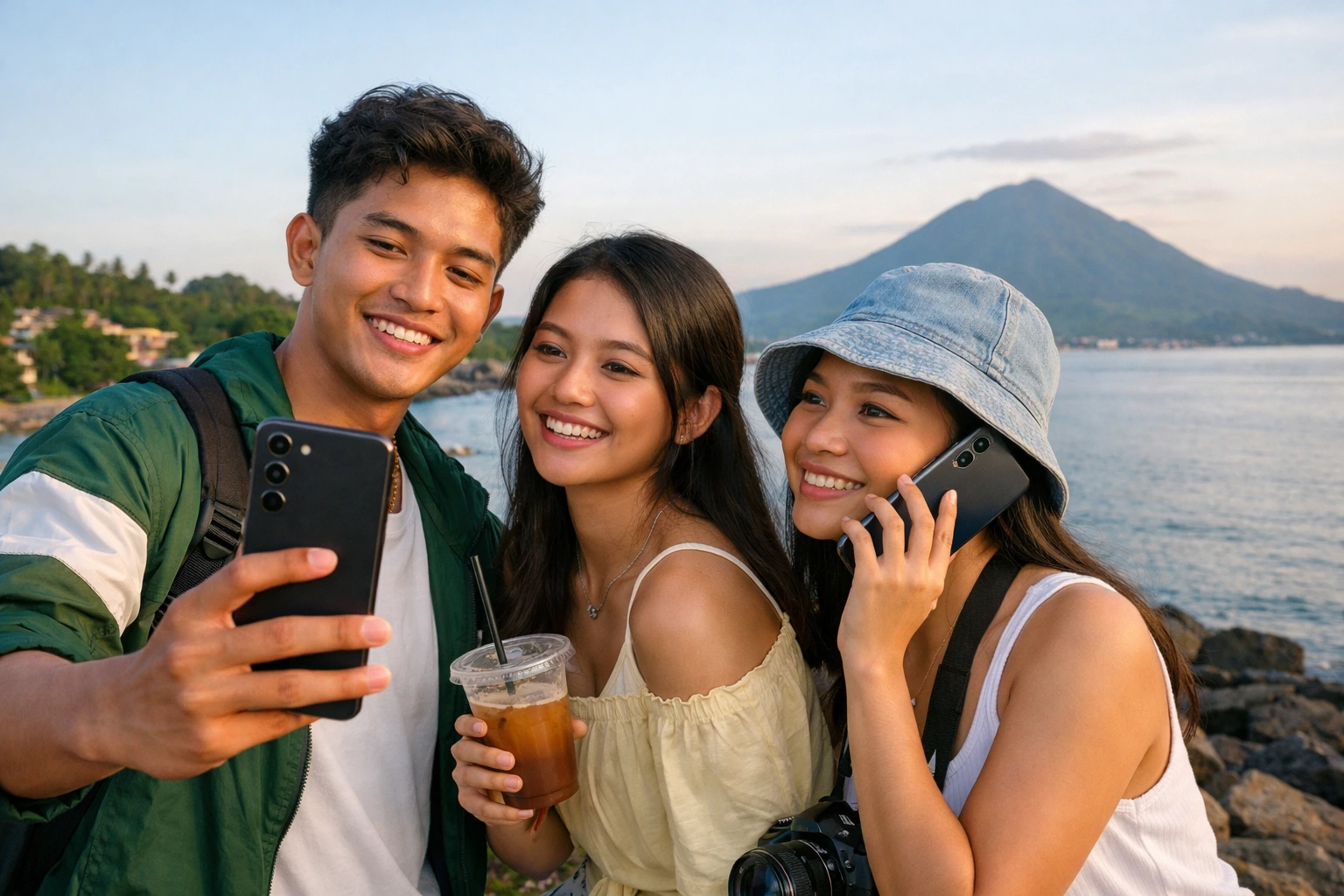 Tiga sahabat di Manado menikmati momen sore sambil berfoto dengan Galaxy A57 5G. Desain tipis dan fitur AI cerdas mendukung gaya hidup generasi social-first.