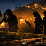 Ilustrasi: Suasana malam di area tambang emas Desa Paku, Boltara, tempat terjadinya dugaan penikaman yang menewaskan seorang pria oleh istrinya usai pertengkaran diduga akibat konsumsi minuman keras. Polisi memasang garis pembatas di lokasi kejadian dan menyelidiki motif di balik tragedi tersebut.