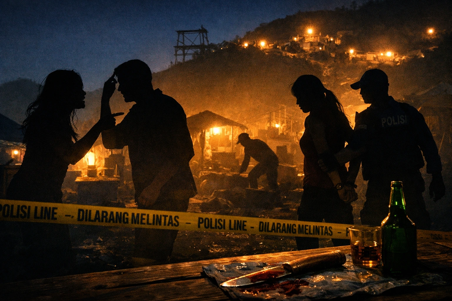Ilustrasi: Suasana malam di area tambang emas Desa Paku, Boltara, tempat terjadinya dugaan penikaman yang menewaskan seorang pria oleh istrinya usai pertengkaran diduga akibat konsumsi minuman keras. Polisi memasang garis pembatas di lokasi kejadian dan menyelidiki motif di balik tragedi tersebut.