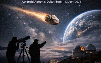 Ilustrasi Dua astronom mengamati langit malam dari puncak observatorium saat asteroid 99942 Apophis melintas dekat Bumi pada 13 April 2029. Fenomena langka ini menjadi momen bersejarah bagi dunia astronomi dan kesempatan emas untuk penelitian antariksa.