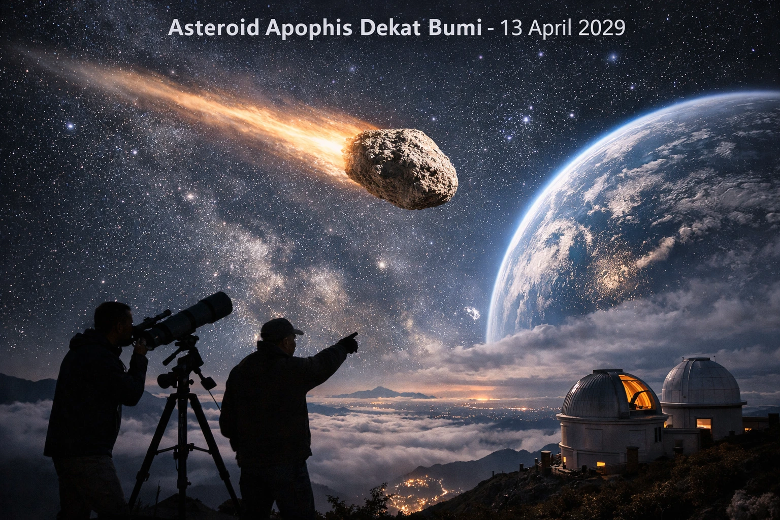 Ilustrasi Dua astronom mengamati langit malam dari puncak observatorium saat asteroid 99942 Apophis melintas dekat Bumi pada 13 April 2029. Fenomena langka ini menjadi momen bersejarah bagi dunia astronomi dan kesempatan emas untuk penelitian antariksa.