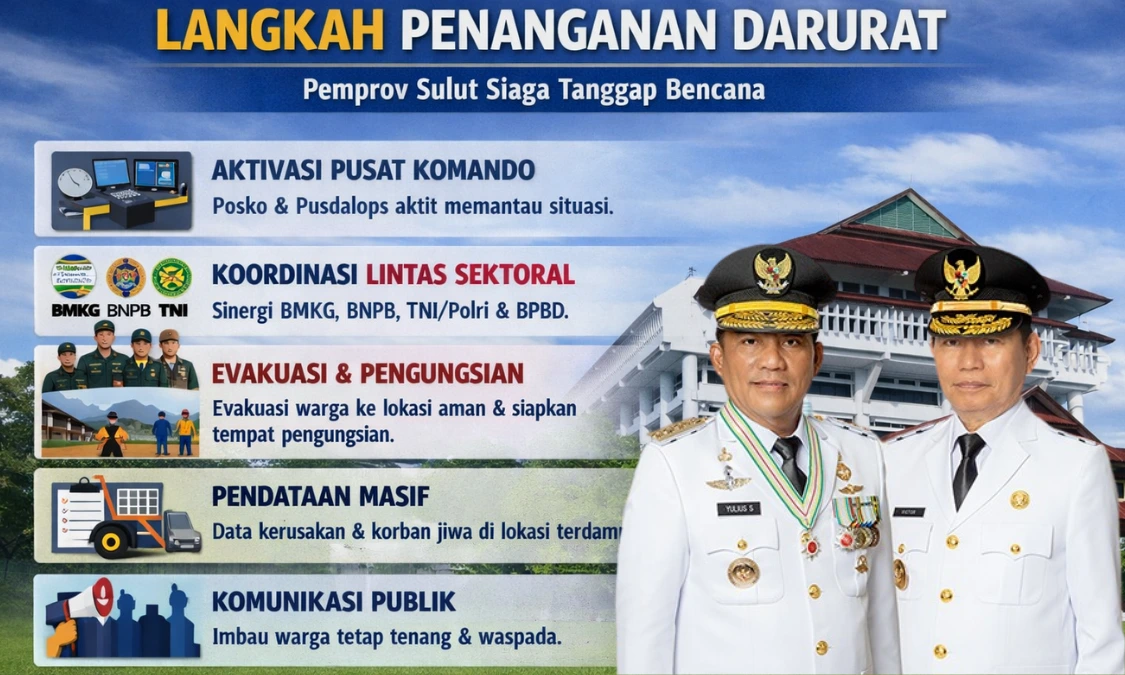 Pemprov Sulut aktifkan posko darurat pasca gempa magnitudo 7,6 di Bitung. Gubernur Yulius Selvanus Komaling menegaskan keselamatan warga sebagai prioritas utama, dengan langkah cepat berupa evakuasi, pendataan, dan koordinasi lintas sektor.
