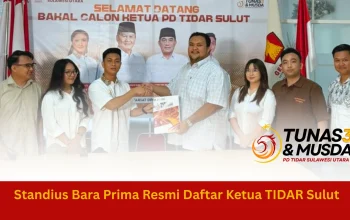 Standius Bara Prima Lumbaa resmi mendaftarkan diri sebagai calon Ketua PD Tidar Sulut dalam Musda III, didampingi pengurus cabang Minahasa Tenggara dan Sitaro, menegaskan semangat regenerasi kepemimpinan muda.