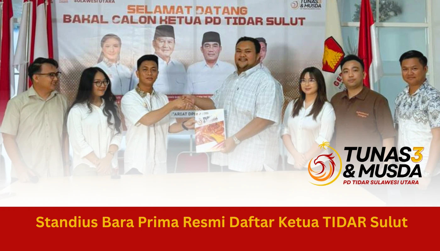 Standius Bara Prima Lumbaa resmi mendaftarkan diri sebagai calon Ketua PD Tidar Sulut dalam Musda III, didampingi pengurus cabang Minahasa Tenggara dan Sitaro, menegaskan semangat regenerasi kepemimpinan muda.