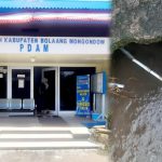 Kolase Foto: Kiri: Fasad depan Kantor Perumda Air Minum (PDAM) Bolaang Mongondow. Di bawah arahan Dirut Rudi Mokoagow, pihak manajemen berkomitmen penuh pada respon cepat layanan. / Kanan: Penampakan pipa transmisi yang mengalami kebocoran serius di lokasi Kelurahan Biga, yang sempat mengganggu distribusi air ke rumah pelanggan.