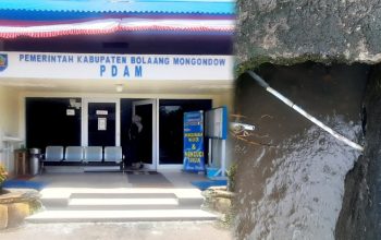 Kolase Foto: Kiri: Fasad depan Kantor Perumda Air Minum (PDAM) Bolaang Mongondow. Di bawah arahan Dirut Rudi Mokoagow, pihak manajemen berkomitmen penuh pada respon cepat layanan. / Kanan: Penampakan pipa transmisi yang mengalami kebocoran serius di lokasi Kelurahan Biga, yang sempat mengganggu distribusi air ke rumah pelanggan.