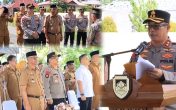 Kapolres Boltim AKBP Golfried Hasiholan Pakpahan, S.H., M.Si memberikan arahan dalam acara peresmian hibah pagar keliling Mako Polres Boltim. Beliau menegaskan bahwa fasilitas ini akan dimanfaatkan secara optimal untuk meningkatkan keamanan dan kualitas pelayanan kepada masyarakat. (Sumber: Humas Polres Boltim)