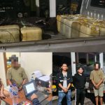 Barang Bukti dan Pelaku PELAKU: Kolase foto menunjukkan (atas) tumpukan jeriken berisi 360 liter BBM jenis Pertalite ilegal yang diangkut menggunakan mobil pikap di Mapolres Kotamobagu, Selasa (28/04/2026) malam. Foto (bawah kiri) memperlihatkan dua tersangka berinisial WGH (30) dan FT (36) sedang menjalani interogasi di ruang Satreskrim, dan foto (bawah kanan) momen saat pelaku diamankan oleh personel Resmob Polres Kotamobagu bersama barang bukti kendaraan berplat nomor DB 8208 NA.