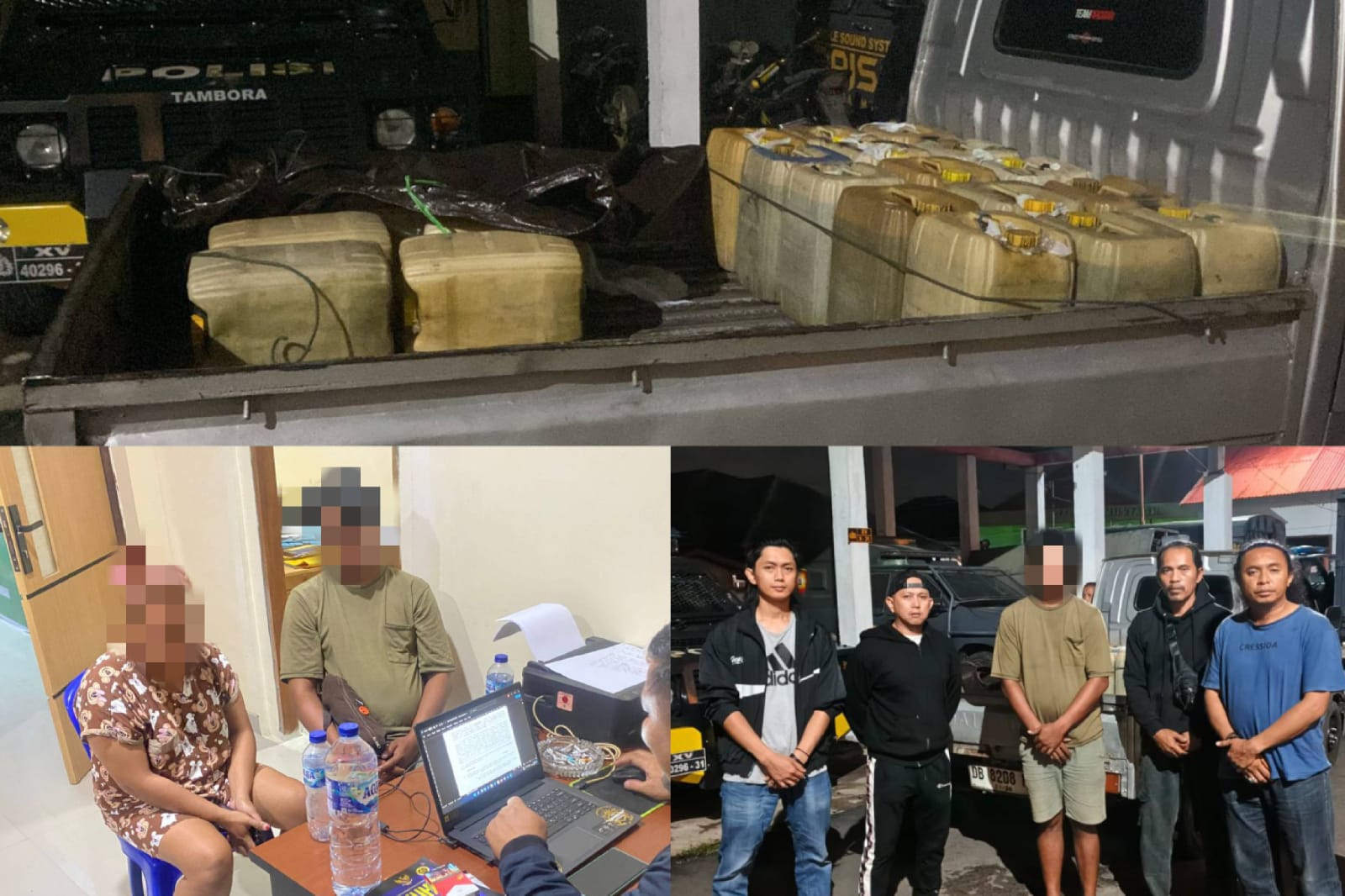 Barang Bukti dan Pelaku PELAKU: Kolase foto menunjukkan (atas) tumpukan jeriken berisi 360 liter BBM jenis Pertalite ilegal yang diangkut menggunakan mobil pikap di Mapolres Kotamobagu, Selasa (28/04/2026) malam. Foto (bawah kiri) memperlihatkan dua tersangka berinisial WGH (30) dan FT (36) sedang menjalani interogasi di ruang Satreskrim, dan foto (bawah kanan) momen saat pelaku diamankan oleh personel Resmob Polres Kotamobagu bersama barang bukti kendaraan berplat nomor DB 8208 NA.