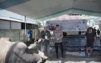 Wakapolres Kotamobagu Kompol Romel M.C.J.A. Pontoh, S.I.P., M.A.P., menyerahkan hewan kurban secara simbolis kepada perwakilan masyarakat dalam rangka Idul Adha 1447 H melalui program Kurban Polri Presisi di Mapolres Kotamobagu, Rabu (27/5/2026). Foto: Humas Polres Kotamobagu