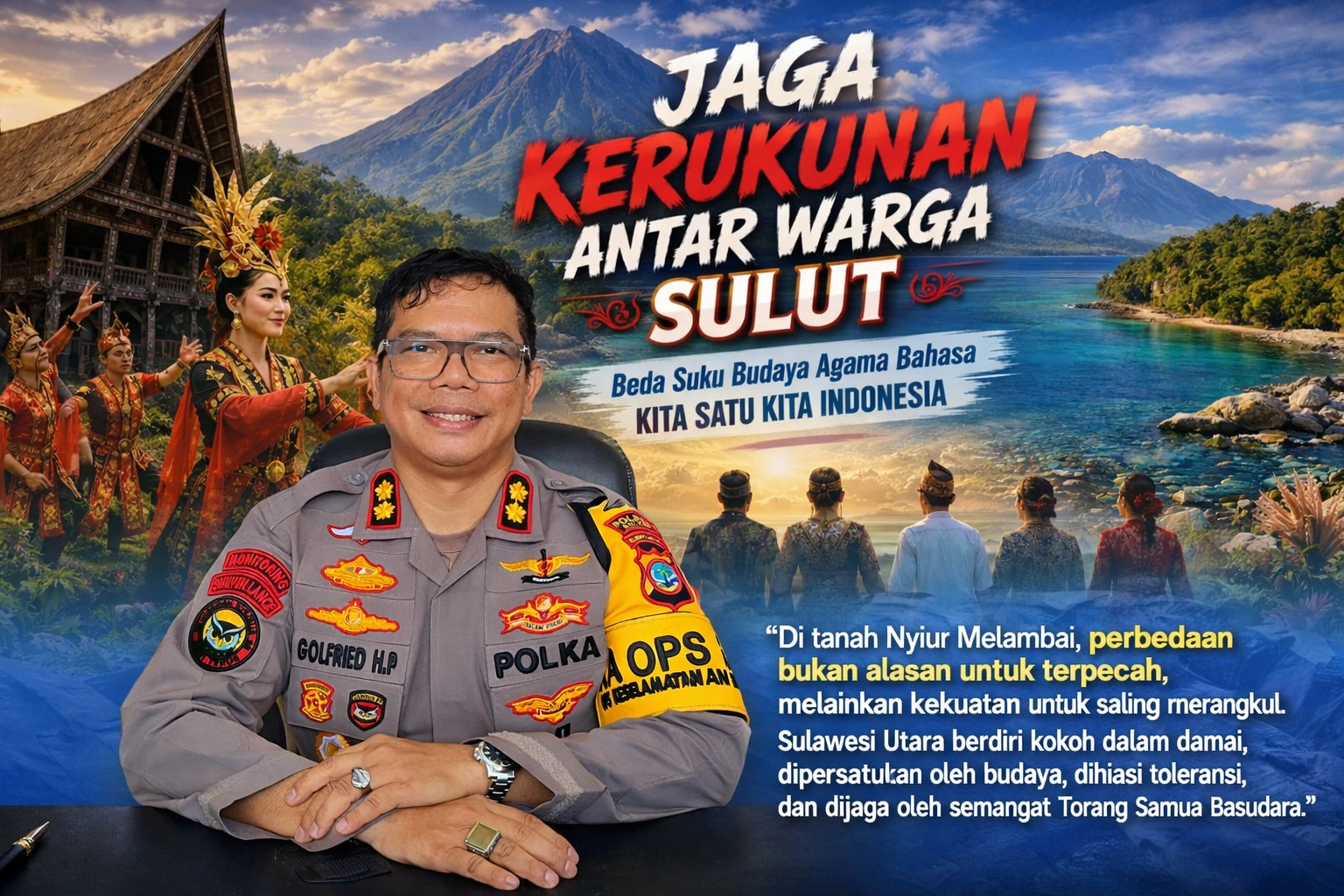 Kapolres Boltim AKBP Golfried Hasiholan Pakpahan menggaungkan semangat “Torang Samua Basudara” sebagai benteng kearifan lokal menjaga kerukunan dan Kamtibmas di era digital.