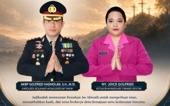 Kapolres Boltim AKBP Golfried Hasiholan Pakpahan bersama Ketua Bhayangkari Ny. Joice Golfried menyerukan pesan persaudaraan dan kerukunan umat beragama dalam peringatan Hari Kenaikan Yesus Kristus, Kamis (14/5/2026).