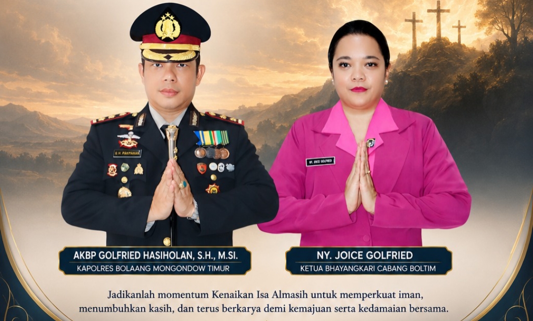 Kapolres Boltim AKBP Golfried Hasiholan Pakpahan bersama Ketua Bhayangkari Ny. Joice Golfried menyerukan pesan persaudaraan dan kerukunan umat beragama dalam peringatan Hari Kenaikan Yesus Kristus, Kamis (14/5/2026).