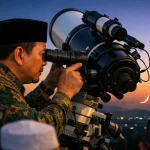 Seorang petugas rukyatul hilal dari Kementerian Agama RI mengamati hilal penentuan awal Zulhijah 1447 H menggunakan teleskop di salah satu titik pengamatan di Indonesia, Minggu (1752026). Pengamatan ini menjadi bagian penting dalam proses penetapan Idul Adha 2026