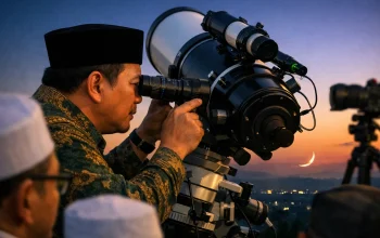 Seorang petugas rukyatul hilal dari Kementerian Agama RI mengamati hilal penentuan awal Zulhijah 1447 H menggunakan teleskop di salah satu titik pengamatan di Indonesia, Minggu (1752026). Pengamatan ini menjadi bagian penting dalam proses penetapan Idul Adha 2026